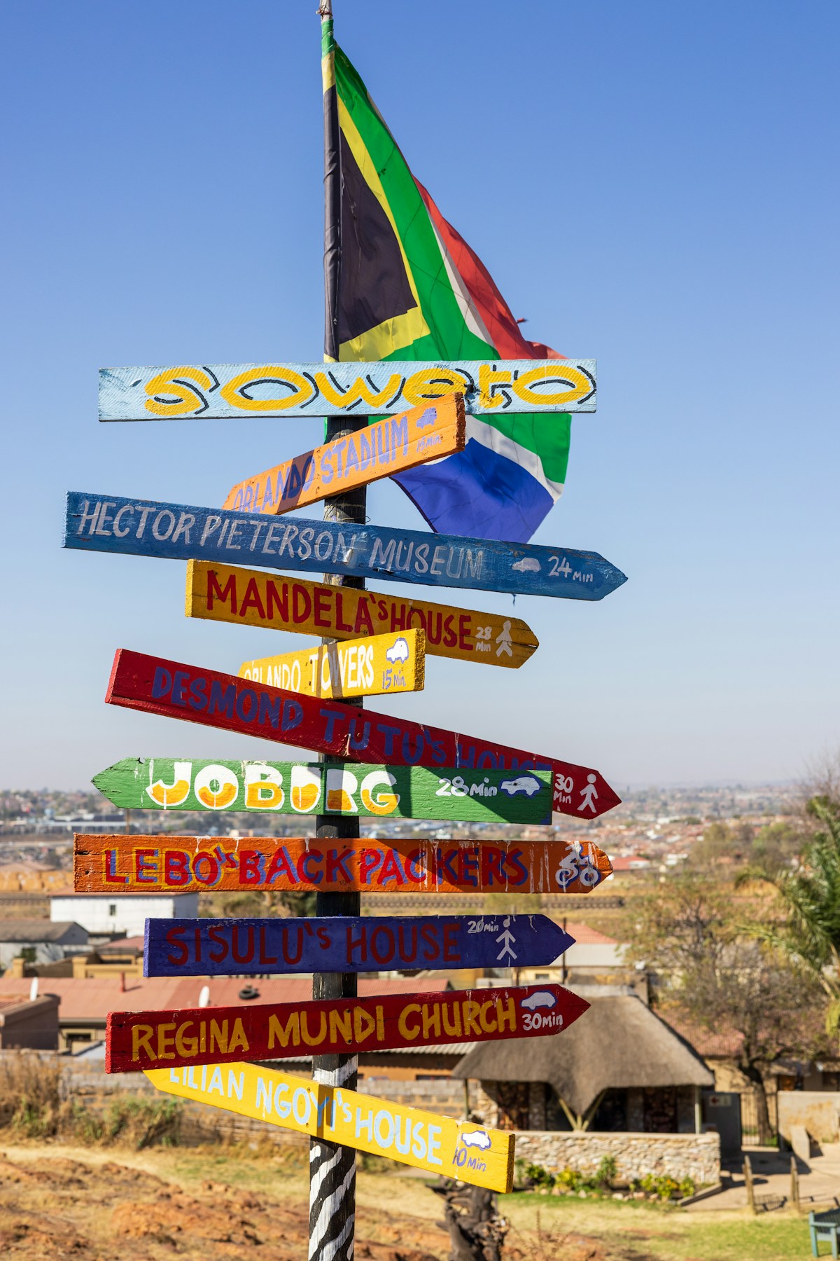 Colourful Soweto signpost showing local landmarks under the South African flag