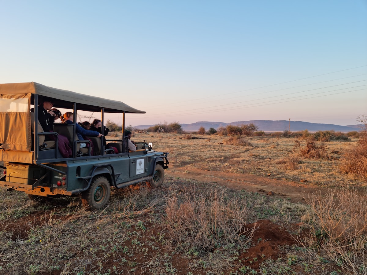 Safari vehicle with passengers at dawn — best tours in South Africa, Madikwe Game Reserve