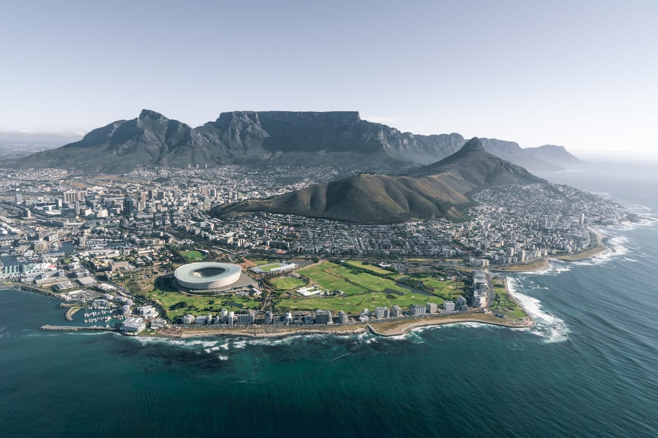 Aerial view of Cape Town with Table Mountain and the harbour