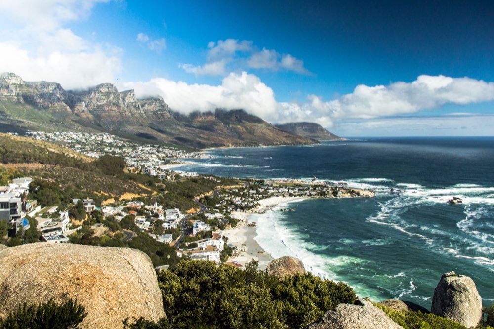 Camps Bay and the Twelve Apostles mountains from above, Cape Town, South Africa