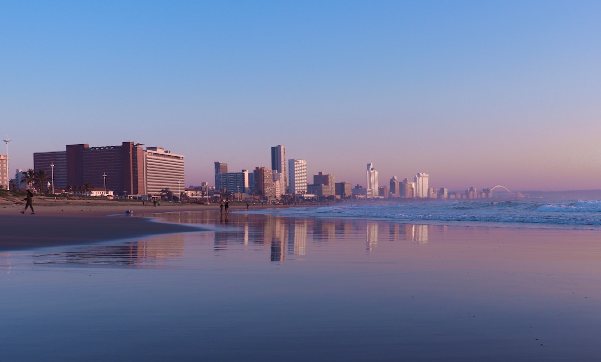 Durban's Golden Mile beachfront with the warm Indian Ocean and the city skyline