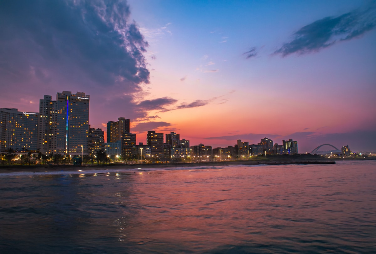 Durban's Golden Mile beachfront hotels and promenade seen from the Moses Mabhida Stadium arch
