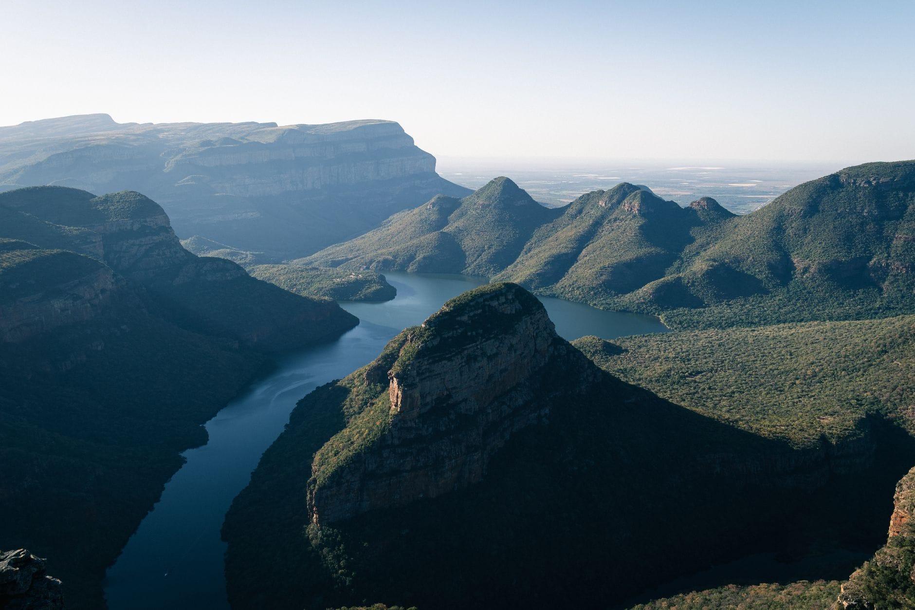 Blyde River Canyon viewed from above, showing the winding river through forested canyon walls in Mpumalanga
