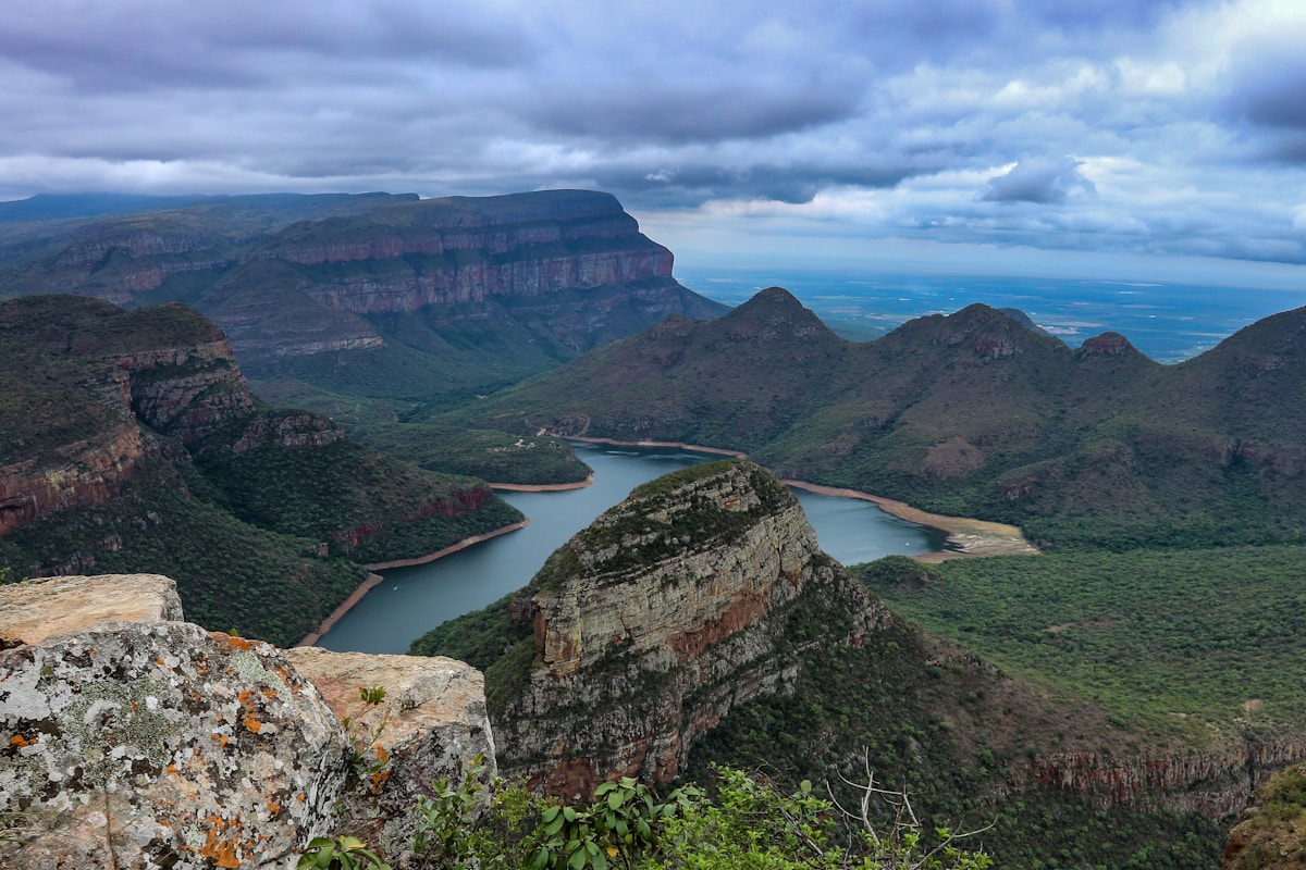 Aerial view of Blyde River Canyon with the Three Rondavels and Blyde Dam, Mpumalanga, South Africa