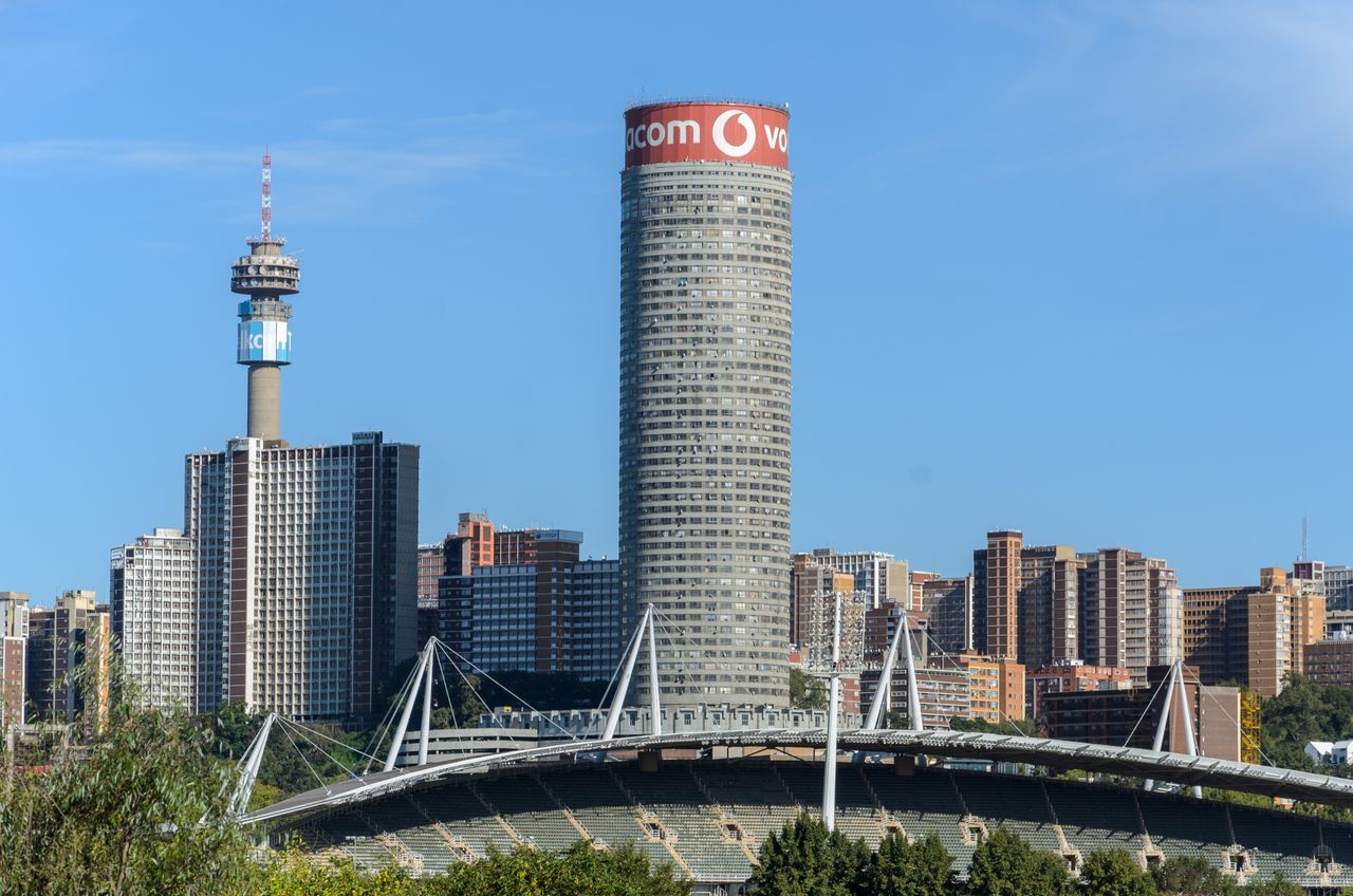 Ponte City tower and Hillbrow Tower on the Johannesburg skyline, South Africa