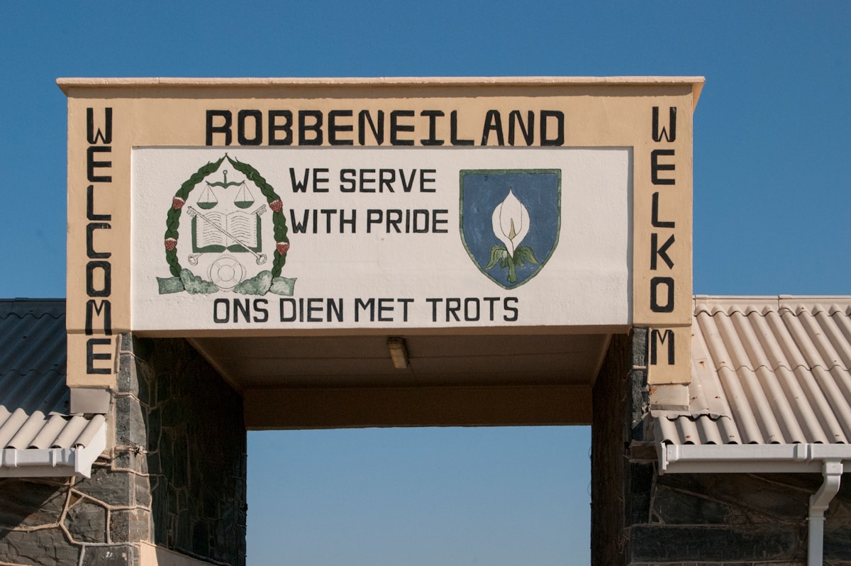 Welcome sign at Robben Island prison entrance, Cape Town, South Africa