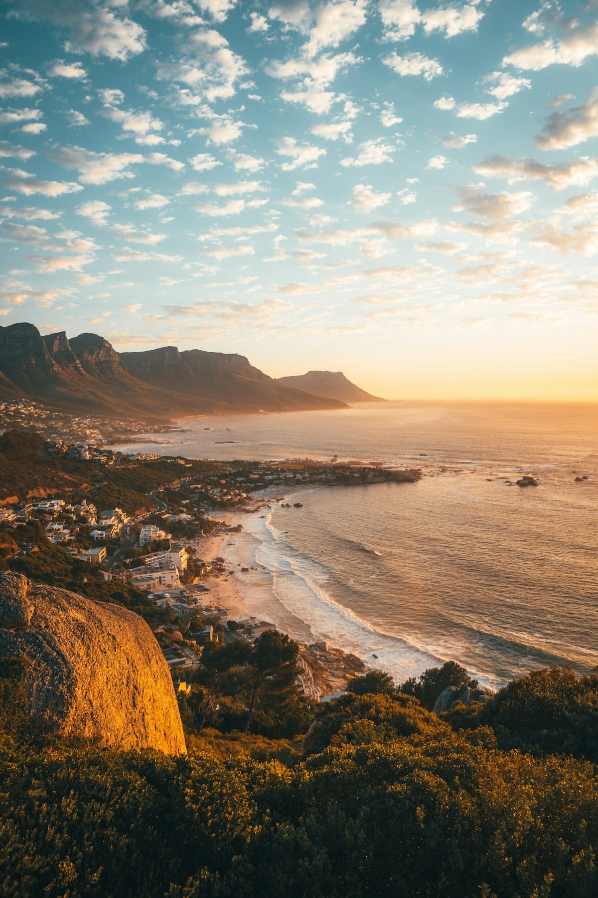 Clifton Beach at sunset viewed from the Twelve Apostles mountain range, Cape Town, South Africa; honeymoon guide