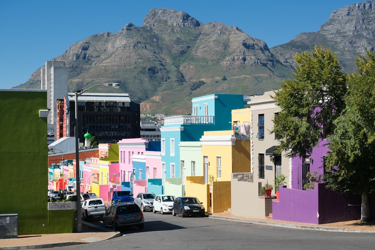 Colourful Bo-Kaap street with Table Mountain in the background, Cape Town, South Africa