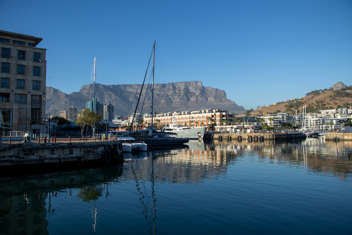 V&A Waterfront marina with Table Mountain reflected in the water, Cape Town, South Africa