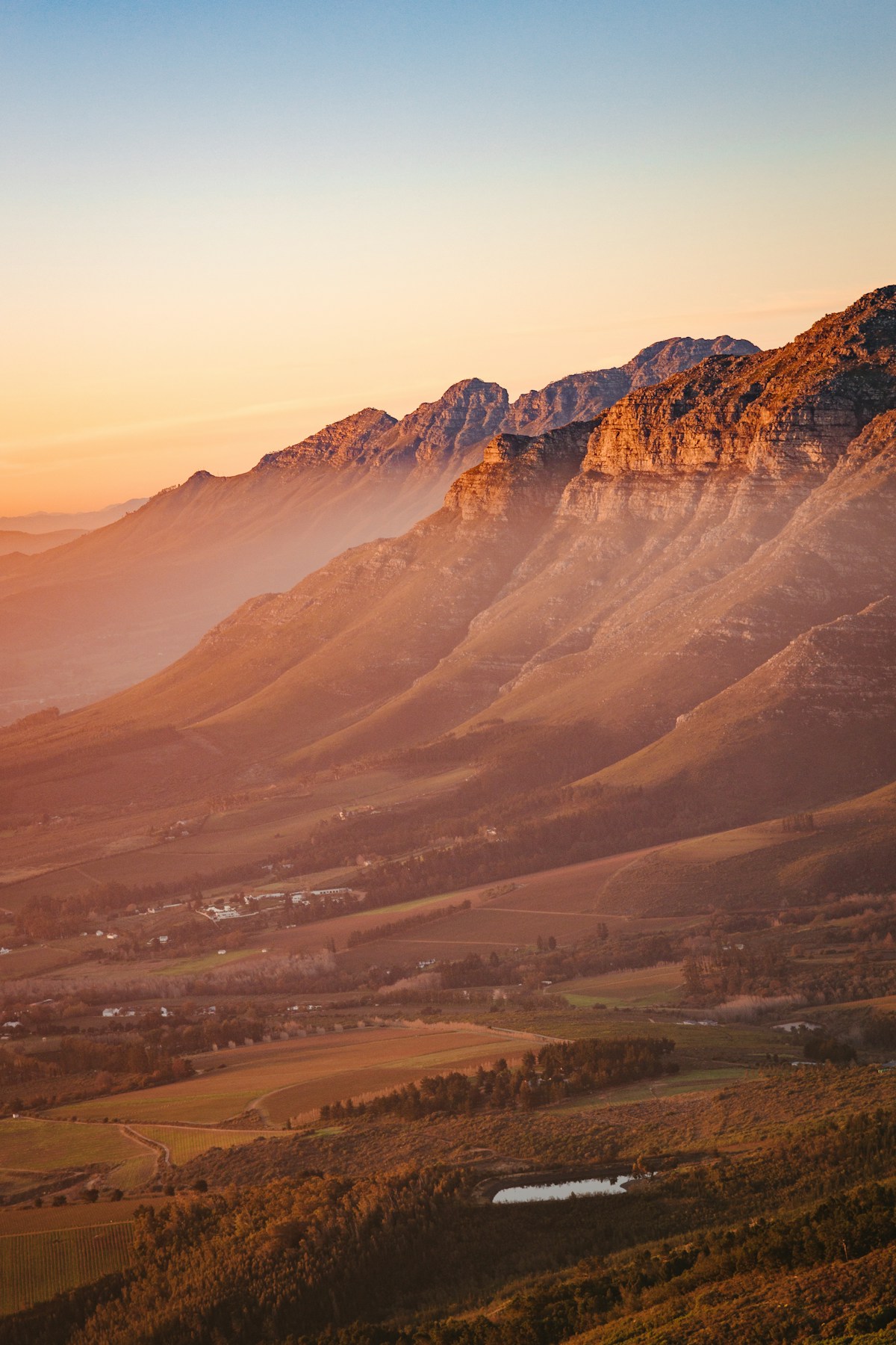 Mountain valley at golden hour above Stellenbosch, Cape Winelands, South Africa
